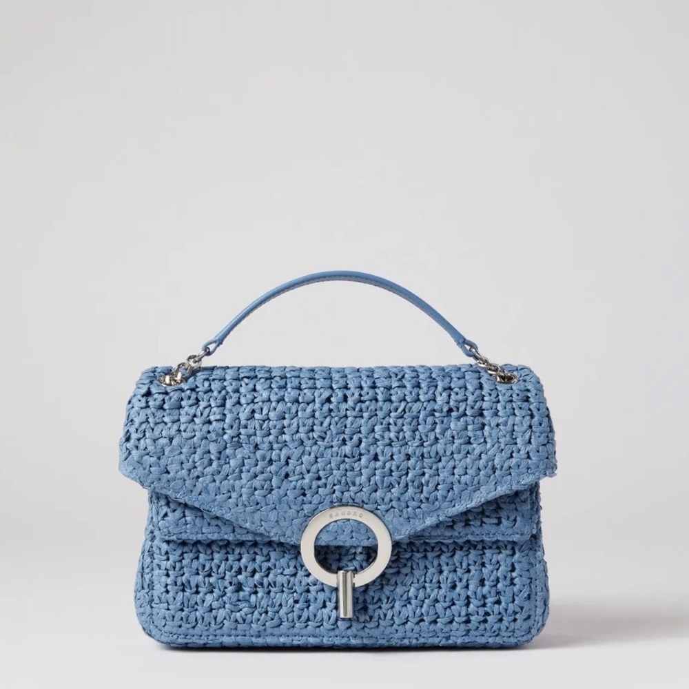 SANDRO Yza Raffia Woven Straw Bag Blue Leather Chain Strap